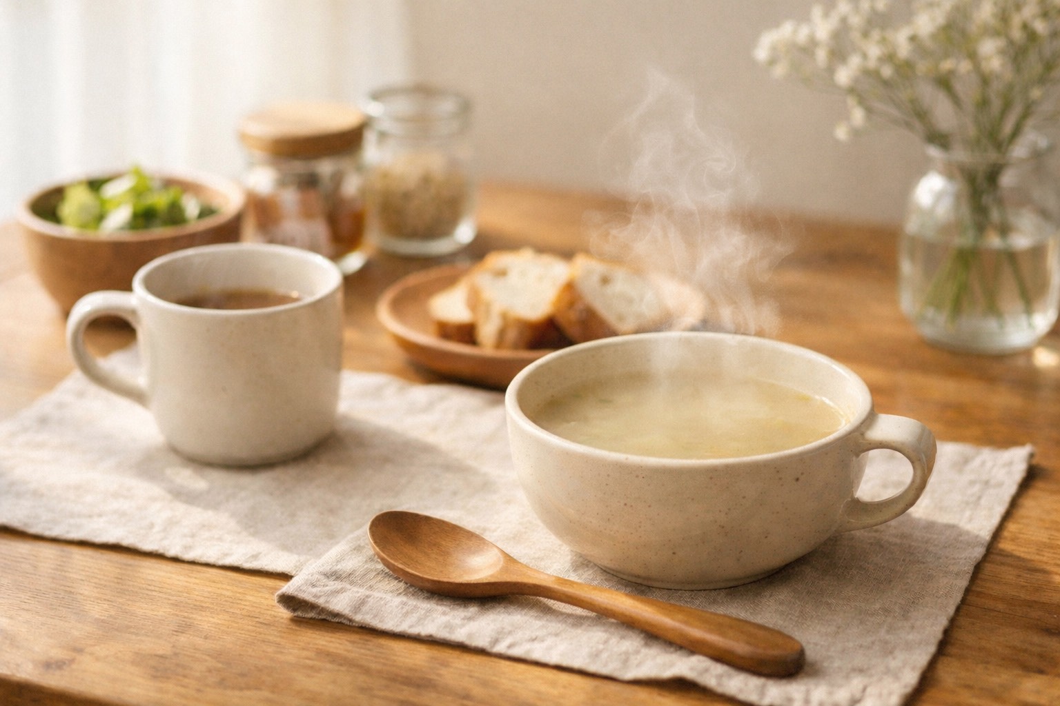 流行りより暮らしを大切にする、優しい家づくりをイメージした木の食卓と温かいスープの風景