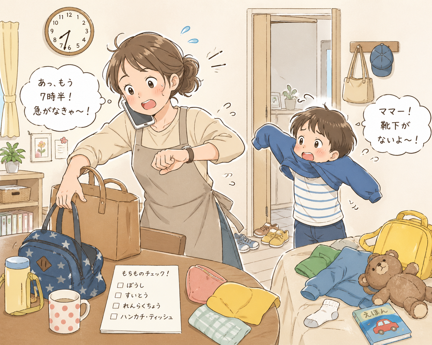 朝の支度でバタバタするママと子供の画像