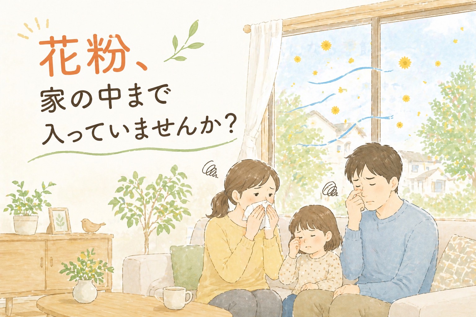 花粉が窓から室内に入り、家族が困っている様子のイラスト