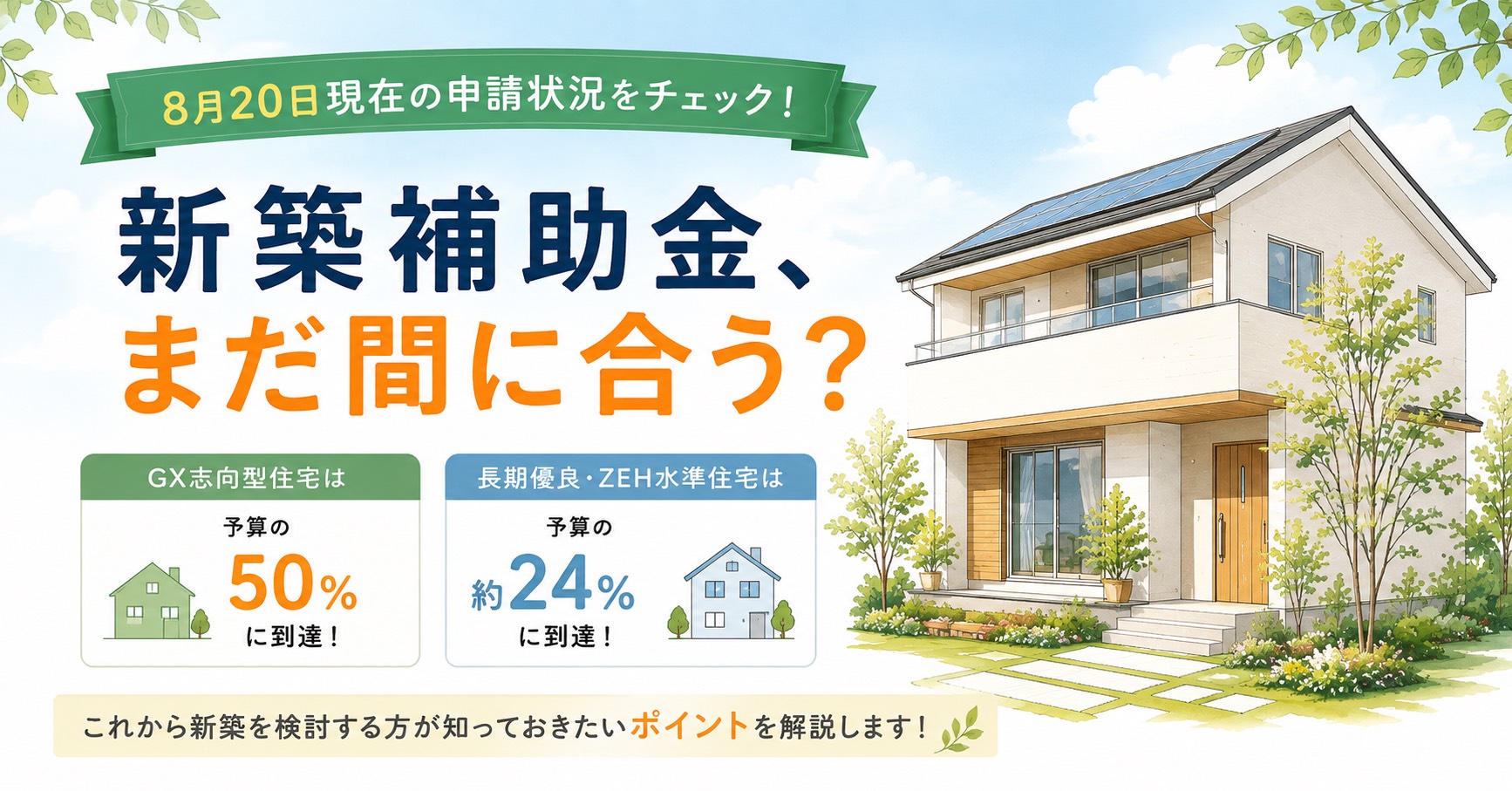 2026年8月20日現在の申請状況。GX志向型住宅50％、長期優良住宅・ZEH水準住宅約24％