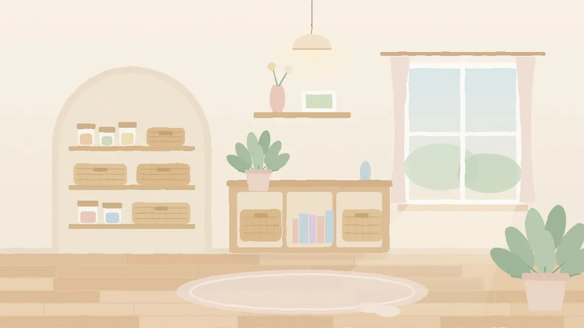 新築の収納計画｜収納がたっぷりあるナチュラルなリビングのイラスト
